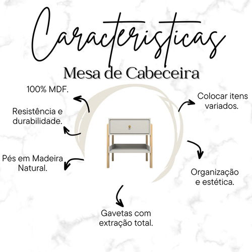 Mesa De Cabeceira Em Mdf Pés em Madeira Natural Com 1 Gaveta E Prateleira Acabamento Fosco Cor Off White