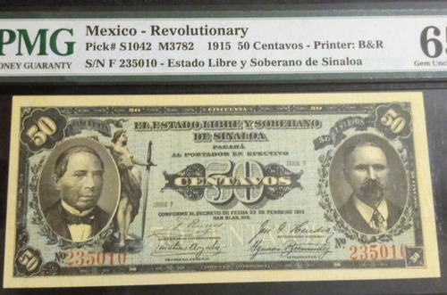 Cédula Antiga México 50 Cents Ano 1915 Certificação Pmg 65