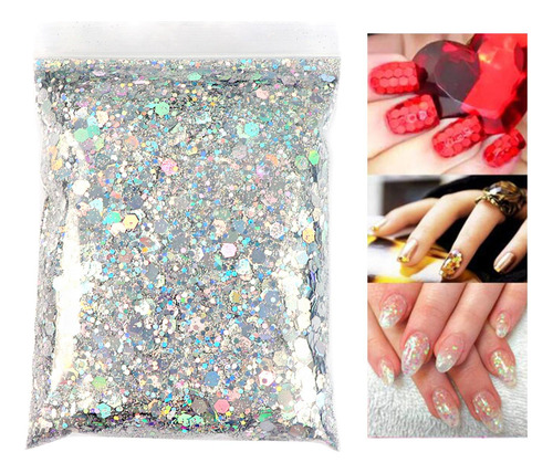 1 Bolsa 50g Brillo De Uñas Iridiscente Lentejuelas Plata