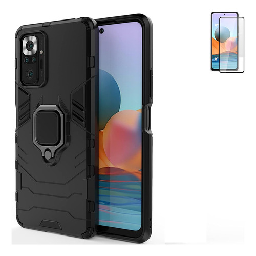 Funda Negra Anillo + Protector Para Xiaomi Redmi Note 10