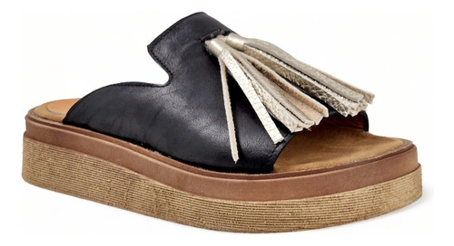 Sandalias Zuecos Houston Antonella Cuero Vacuno Negro