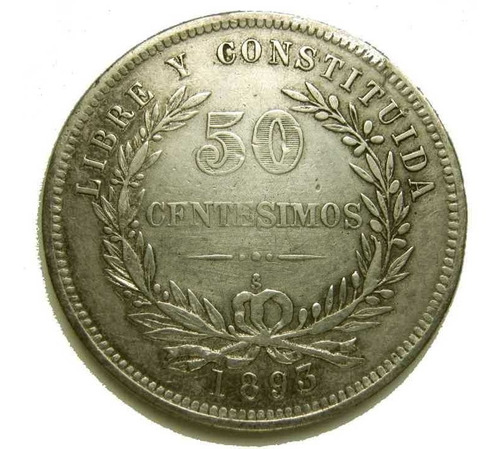 Uruguay Antigua 50 Cents. 1893 Plata Con Error 93 Sobre 77