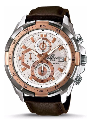 Reloj Casio Edifice Efr-539l-7c Para Caballero Marrón Correa Café Bisel Cobre Fondo Blanco