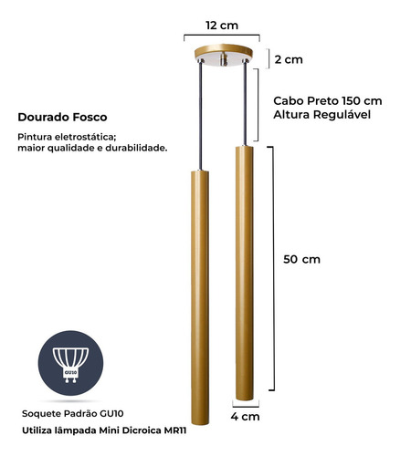 Iluminar Ambiente Luminária Pendente Tubo Duplo 50 Cm Mesa de Cabeceira Quarto Cor Dourado Fosco