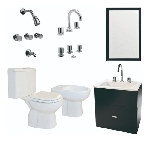 Combo Baño Inodoro Vanitory 50cm Bidet Griferia Y Espejo