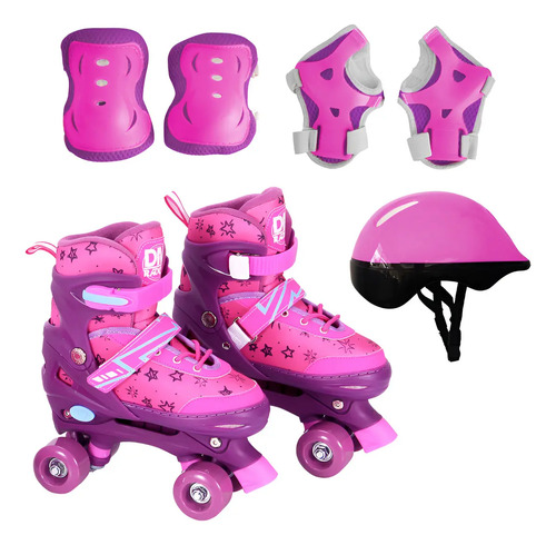 Patins 4 Rodas Ajustável Rosa DM Toys com Proteção Infantil 30-33