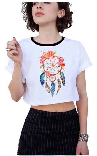  Blusa Crop Top--- Atrapa Sueños---cuello Blco/negro 