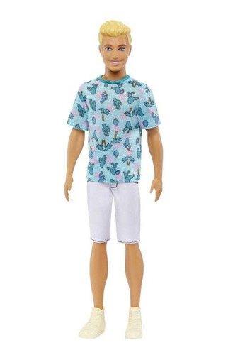 Boneco Ken Loiro Camiseta Azul Cacto 211 Mattel 30cm