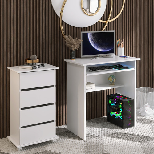 Mesa Para Computador Branca Com Suporte De Teclado Retrátil