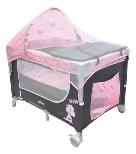 Cuna De Viaje Madison Infanti Convertible A Colecho Color Rosa claro con Gris Diseño de la tela Dino