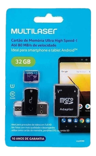 Cartão Micro Sd 32gb 3 Em 1 Leitor Usb P/ Micro Sd = Pendriv