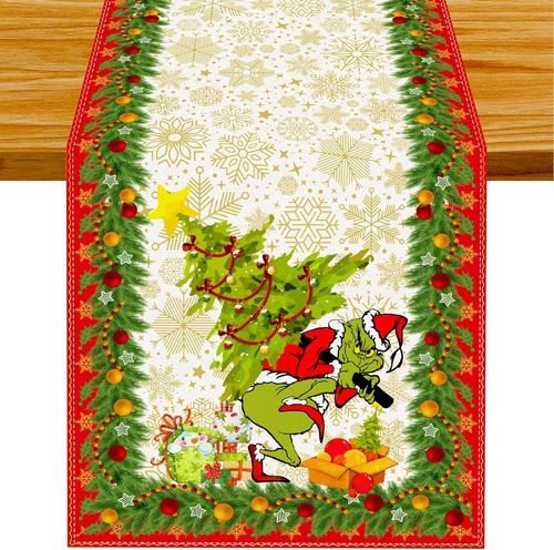 Camino De Mesa De Navidad Verde Lino, Mantel De Feliz Grinch