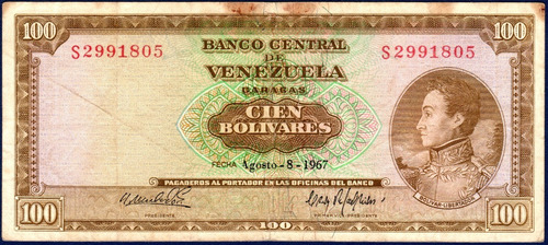 Billete De 100 Bolívares S7 Agosto 8 De 1967 Simón Bolívar