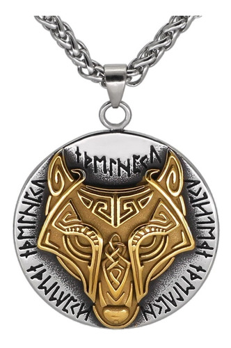 Collar Lobo Runas Vikingo Acero Inoxidable Color Oro Hombre