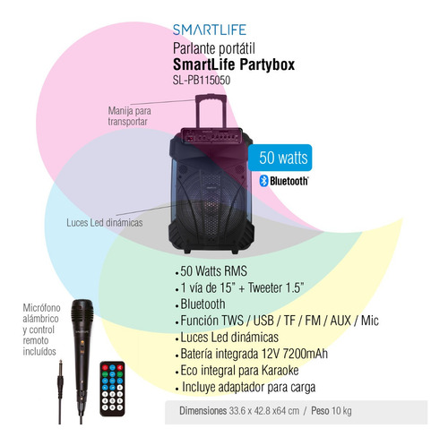 Parlante Smartlife Portátil Partybox 50w Rms Sl-pb115050