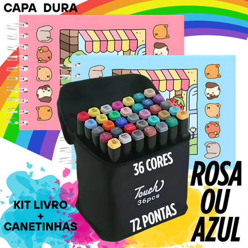 Kit Livro De Colorir Bobie Gods + Conjunto Estojo Caneta Canetinhas 36 Cores 72 Pontas