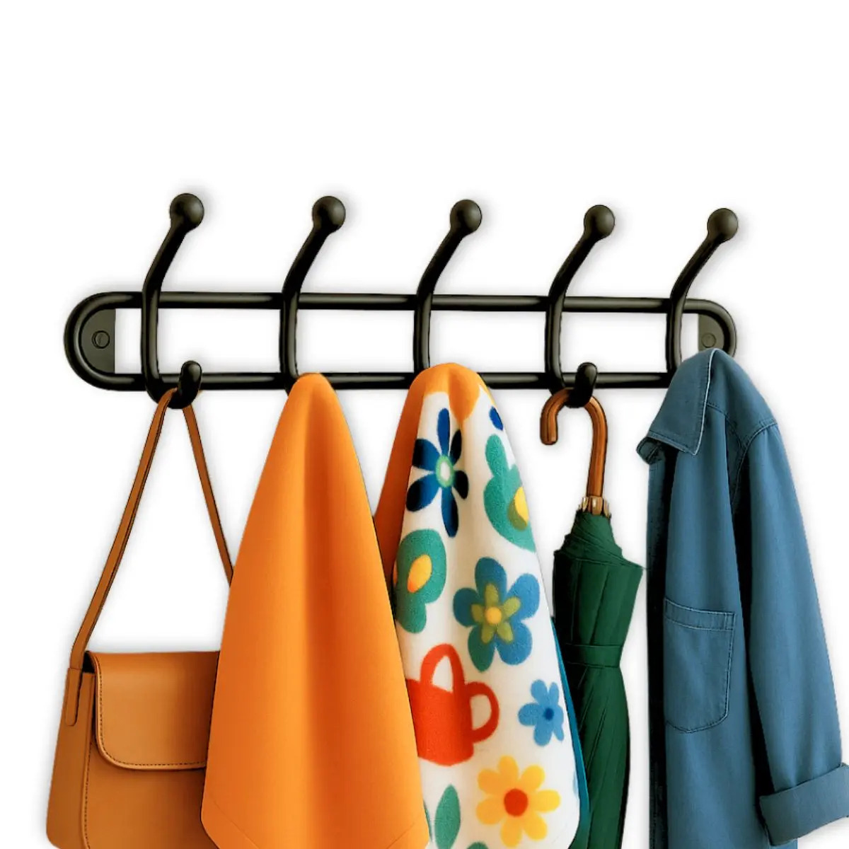 Cabide Cabideiro De Parede E Porta Suporte Para Roupas Toalhas E Bolsas Com 5 Ganhos Duplos Resistente Preto A Colorida