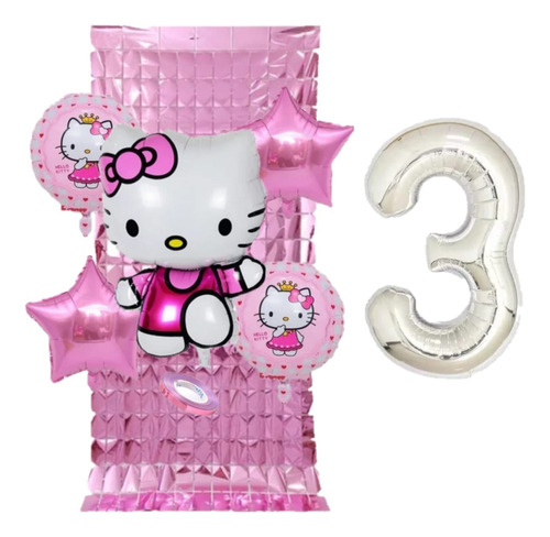 5 Globos Kitty + Cortina Shimmer Wall + Número 3 Plateado