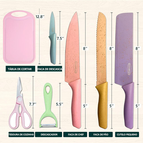 Conjunto de Facas para Cozinha com Suporte de Madeira - Kit de 7 Peças, Inclui Faca para Churrasco e Tábua de Corte