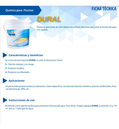 Dural Para Alberca Sube La Dureza Por Calcio Spin 8.5 Kg