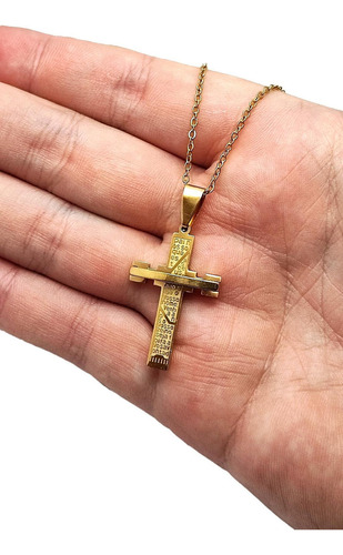 Corrente Feminina Crucifixo Dourado Pai Nosso 50cm 1mm Inox