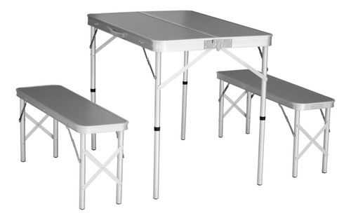 Mesa Plegable De Camping + 2 Bancos De Aluminio Portati