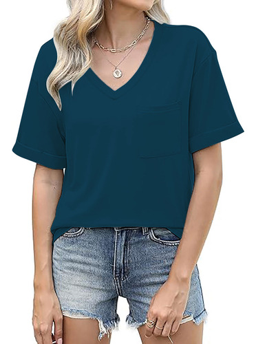 Top Casual De Verano De Manga Corta Con Cuello En V De Color