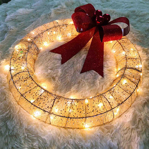Corona De Navidad, Corona De Metal, Led, Cálido, Gran Lazo,