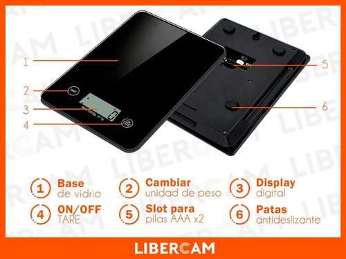 Imagen 5 de 7 de Balanza Alimentos Cocina Digital 1gr A 5kg Vidrio Blanco/neg Capacidad máxima 5 kg Color Negro
