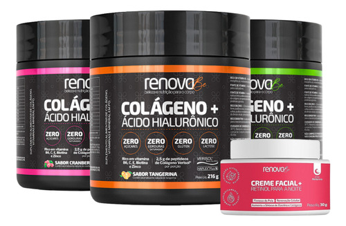 Kit 3 Colágenos Com Ácido Hialurônico E Biotina - Sabor 1 Tangerina - 1 Limão - 1 Cranberry