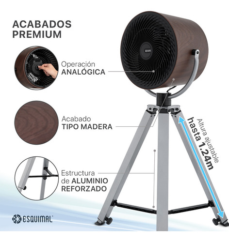 Ventilador Con Tripié Tipo Reflector Esquimal. Estilo Retro Industrial, Acabado Tipo Madera, Altura Ajustable, 3 Vel, Decoración Para Hogar Y Oficina
