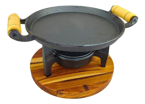 Chapa E Fogareiro De Ferro Fundido Com Suporte De Madeira Conjunto Bifeteira Frigideira Rechaud de Porção