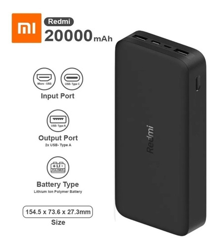 Imagen 2 de 3 de Xiaomi Redmi Powerbank Bateria Externa 20000mah Carga Rapida
