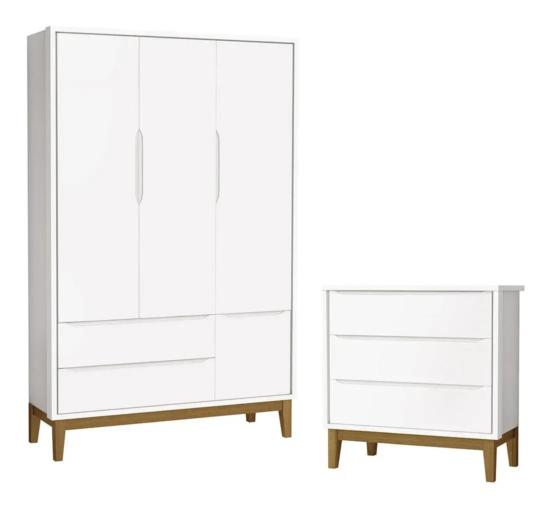 Jogo De Quarto Reller Classic Roupeiro 3 Portas Branco Madeira
