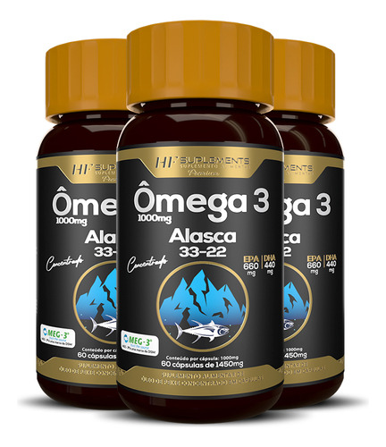 3x Omega 3 Alasca 33/22 Concentrado 1450mg 60caps Premium