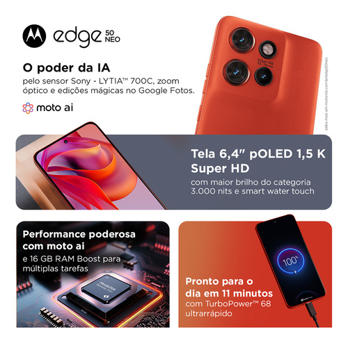 Smartphone Motorola Edge 50 Neo 5G, 256 GB, 16 GB, Ram Boost, 50 MP, cámara Sony Moto Ai Ip68 NFC, gris - Excelente (Reacondicionado)