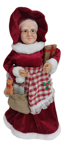 Mamãe Noel 45cm Vermelha Com Saia Xadrez E Saco Presente