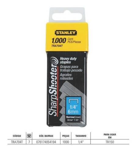 Grampo Para Grampeador-1000 Pecas 1/4 Stanley Tra704t-6mm