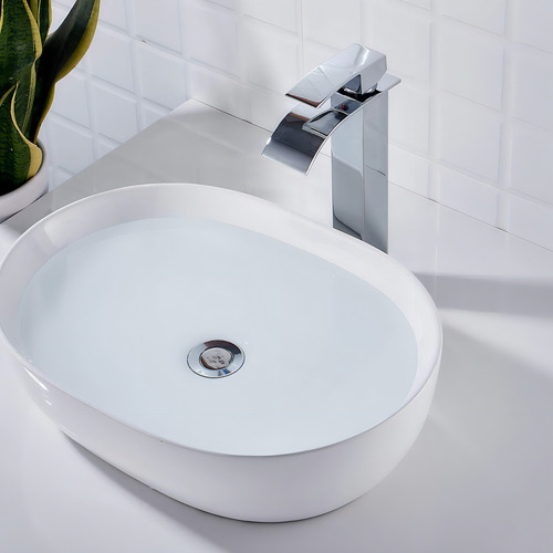 Grifo de baño Cuba Alta Cascata Inox, banco de metal Yesop, acabado brillante, color cromado