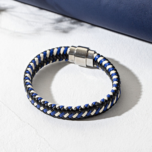 Pulseira Masculina Couro Trançado Azul Comprimento 19 cm