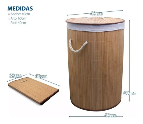 Imagen 4 de 10 de Canasto De Ropa Sucia Bambu Grande Con Tapa