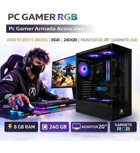 Pc Gamer Armada Aconcawa Amd Ryzen 5 3400g | 8 Gb | 240 Gb | Monitor De 20 | Gabinete Rgb