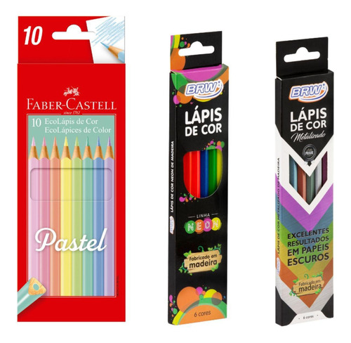 Lápis De Cor Pastel Faber + Neon + Metálico + Apontador Kit