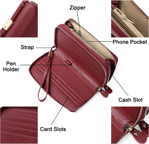 Sendefn Cartera De Cuero Para Mujer Cremallera Con Bloqueo R