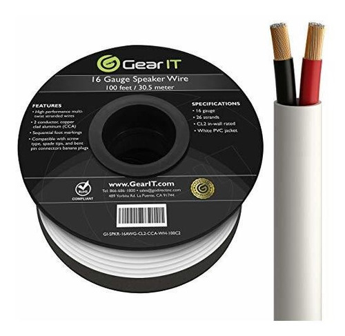 Cable De Altavoz Gearit 16/2 (100ft) 16 Awg Cca