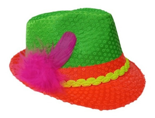 Sombrero Fluo Lentejuelas Con Plumas Fiesta Cod100