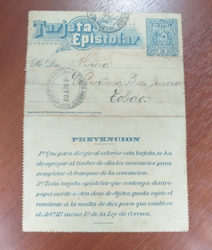 Tarjeta Epistolar Uruguay 3 Centésimos 1903 Manuscrita