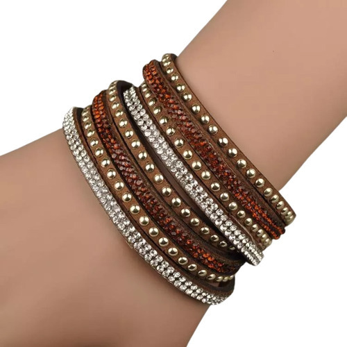 Bracelete Pulseira Feminina Trançada Duas Voltas Couro Luxo Comprimento 40 cm Cor Marrom Diâmetro 6 cm