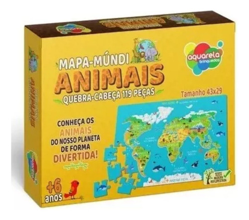 Quebra Cabeça Educativo Mapa Mundi Animais Em Madeira