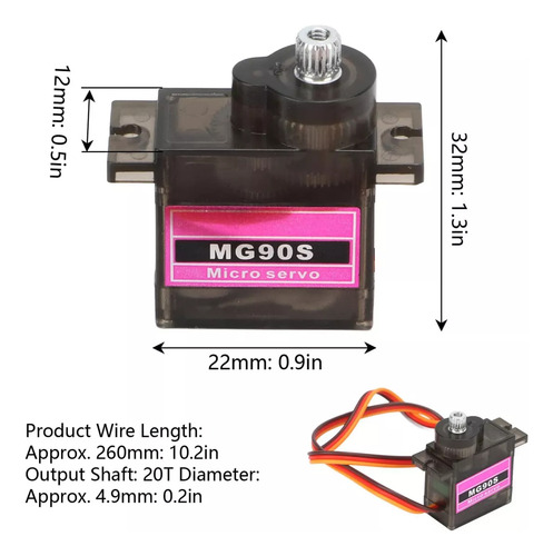Tecneu 2 Piezas Servomotor Mg90s Engranes Metálicos 2.2kg Arduino Alto Torque